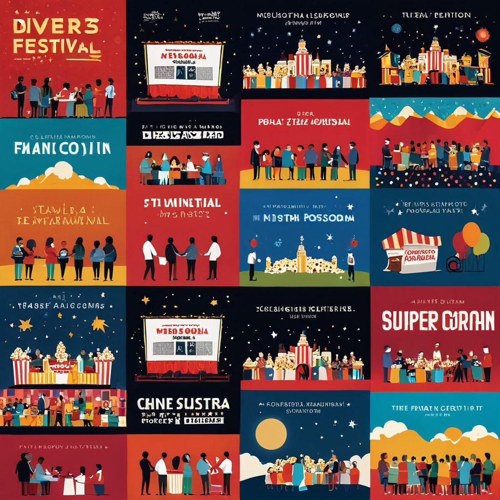 A vibrant collage showcasing diverse film festival scenes, featuring people engaging in animated discussions, colorful film posters, and iconic cinema elements like cameras and popcorn. Include an expansive red carpet leading into a grand theater, with twinkling lights and a backdrop of a starry night. Highlight international flags representing various cultures to emphasize global cinema. super-realistic. vibrant colors. cinematic atmosphere.