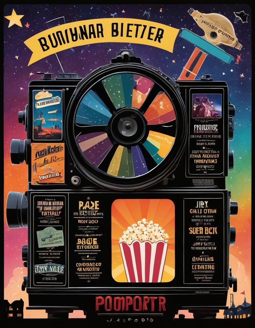 A vibrant collage featuring iconic film elements: a vintage film projector casting light, a clapperboard, and an array of colorful movie posters representing various genres. In the background, silhouettes of diverse audiences enjoying a film festival under twinkling stars. Include elements highlighting upcoming blockbusters like a countdown timer and popcorn. The overall aesthetic should be cinematic and lively. super-realistic. vibrant colors. dynamic composition.
